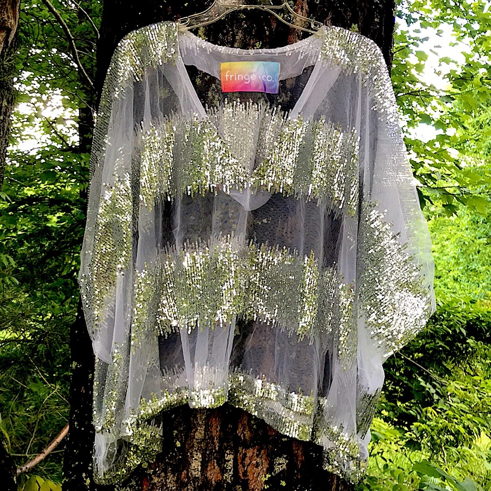 Silver Sequin Striped White Sheer Blouse
